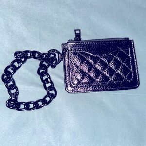Jen & Co Gunmetal Quilted Metallic Card Holder with zip pocket & wristlet Chain
